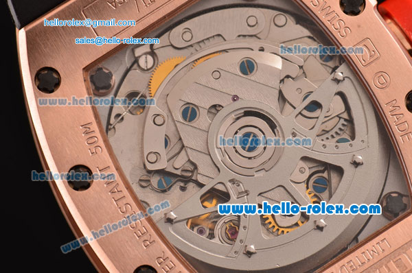 Richard Mille RM011 Swiss Valjoux 7750-SHG Automatic Rose Gold Case with Black Rubber Strao and Skeleton Dial - 1:1 Original - Click Image to Close